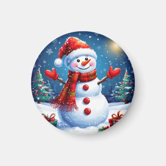 Der fröhliche Schneemann trägt eine Weihnachtsmann Magnet (Vorne)