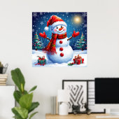 Der fröhliche Schneemann trägt eine Weihnachtsmann Poster (Heimbüro)