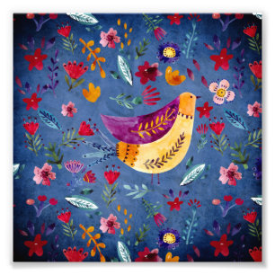 Der frühe Vogel im Blumengarten Fotodruck