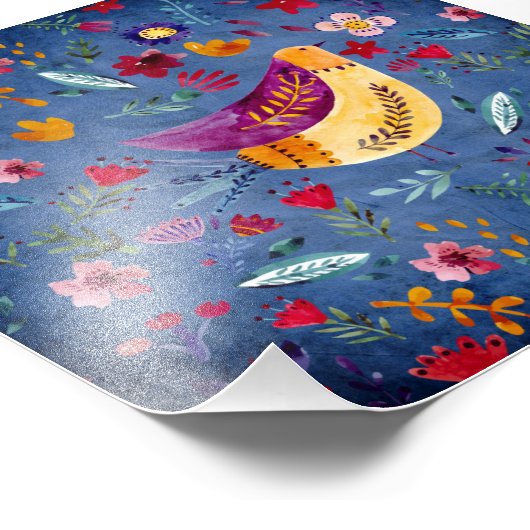 Der frühe Vogel im Blumengarten Fotodruck (Ecke)