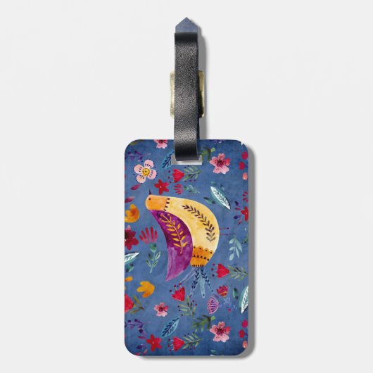 Der frühe Vogel im Blumengarten Gepäckanhänger (Rückseite vertikal)