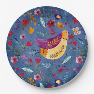 Der frühe Vogel im Blumengarten Pappteller