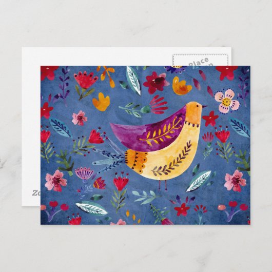 Der frühe Vogel im Blumengarten Postkarte (Vorne/Hinten)