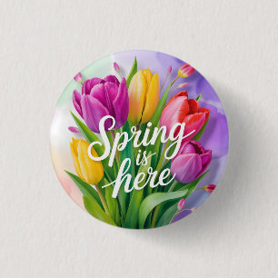 "Der Frühling ist da" Tulpenstrauß-Illustration Button