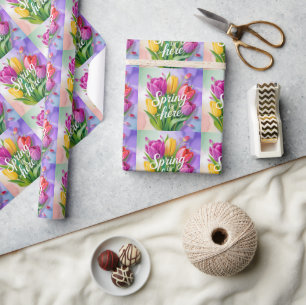 "Der Frühling ist da" Tulpenstrauß-Illustration Geschenkpapier