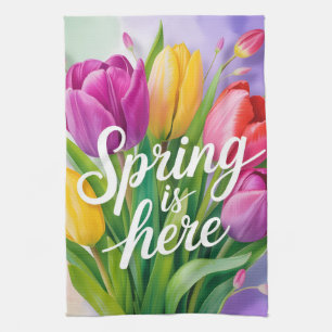 "Der Frühling ist da" Tulpenstrauß-Illustration Geschirrtuch