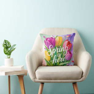 "Der Frühling ist da" Tulpenstrauß-Illustration Kissen