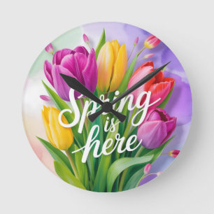 "Der Frühling ist da" Tulpenstrauß-Illustration Runde Wanduhr