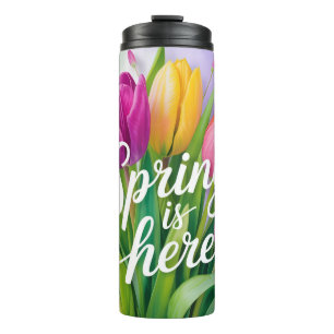 "Der Frühling ist da" Tulpenstrauß-Illustration Thermosbecher