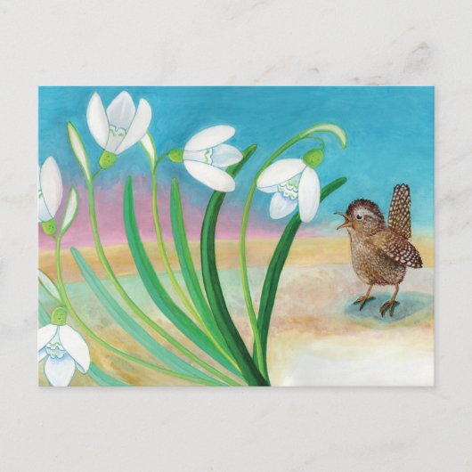 Der Frühling kommt - Wren bird & Snowdrop Postkarte (Vorderseite)