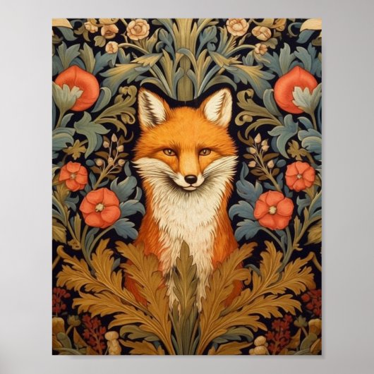 Der Fuchs und rote Blumen im Jugendstil Poster (Vorne)