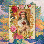 Der Garten des Puzzle de Saint-Rose<br><div class="desc">Die St. Rose Lima ist umgeben von einem Arrangement aus wunderschönen,  farbenfrohen Blume und verzierten Scrollarbeiten. Ein Hintergrund der gelben Brokade ergänzt die aufwändige Illustrationssammlung.</div>