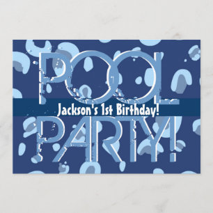 Der Geburtstags-Pool-Party-blaue weiße Schablone Einladung