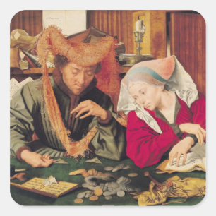 Der Geld-Wechsler und seine Ehefrau, 1539 Quadratischer Aufkleber
