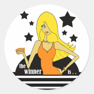 Der Gewinner trägt ein orangefarbenes Kleid Runder Aufkleber