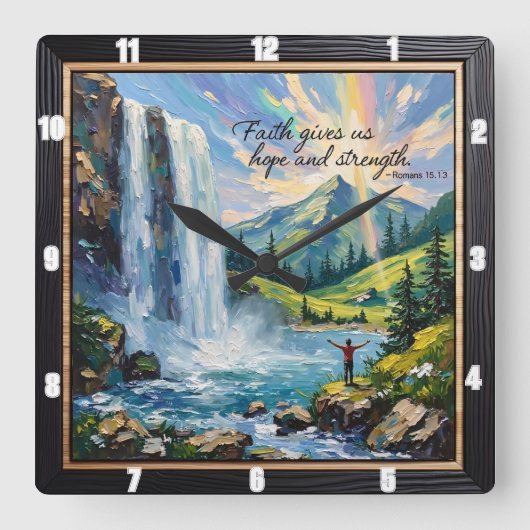 Der Glaube gibt uns Hoffnung und Kraft. Römer 15:1 Quadratische Wanduhr (Vorderseite)