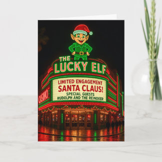 Der glückliche Elf Vintage-Neon-Weihnachtsmann-Wei Feiertagskarte