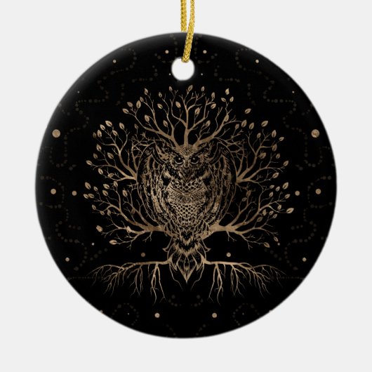 Der goldene Eule-Baum Keramik Ornament (Vorne)
