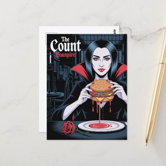 Der Graf Vampir mit einem Cheeseburger Postkarte (Vorderseite/Rückseite Beispiel)