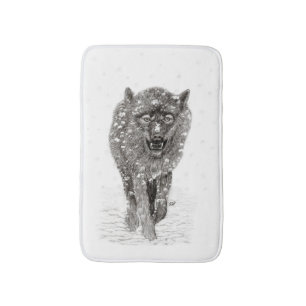 Der graue Schwarze Wolf im Schnee , der wilde Wint Badematte