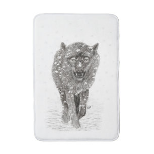 Der graue Schwarze Wolf im Schnee , der wilde Wint Badematte