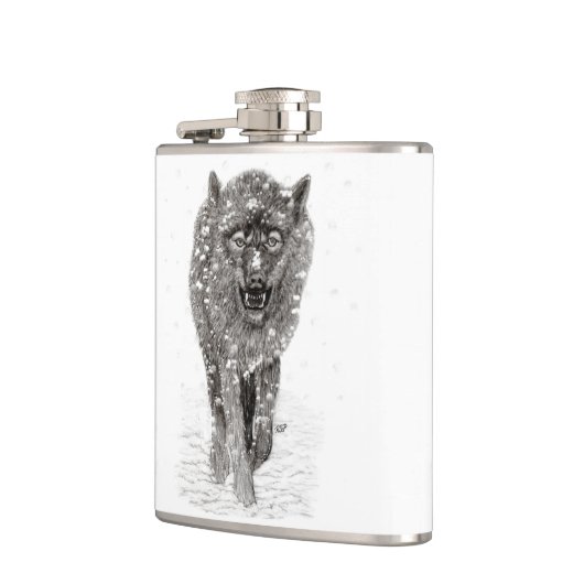 Der graue Schwarze Wolf im Schnee , der wilde Wint Flachmann (Links)