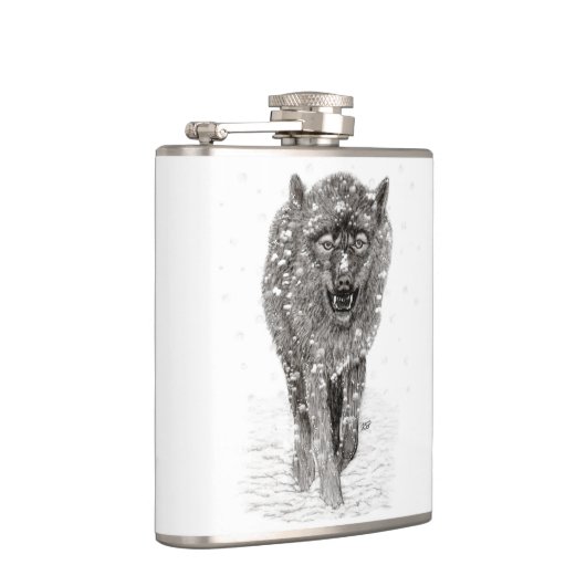 Der graue Schwarze Wolf im Schnee , der wilde Wint Flachmann (Rechts)