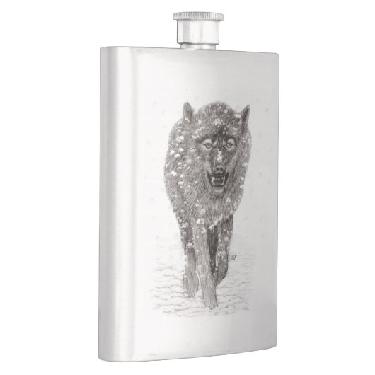 Der graue Schwarze Wolf im Schnee , der wilde Wint Flachmann (Rechts)