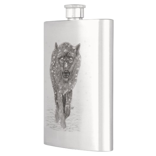 Der graue Schwarze Wolf im Schnee , der wilde Wint Flachmann (Links)