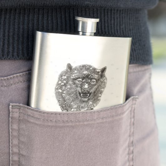 Der graue Schwarze Wolf im Schnee , der wilde Wint Flachmann (Beispiel)