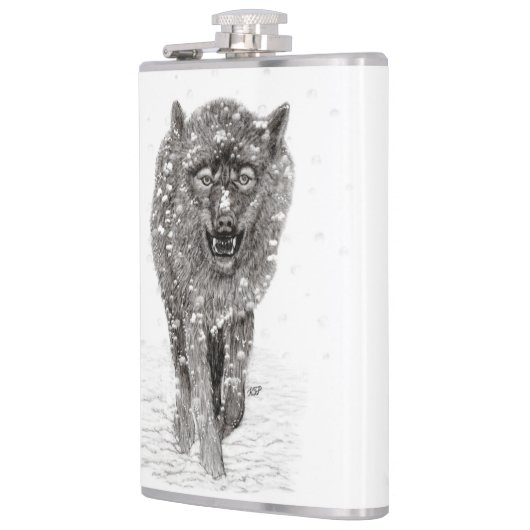 Der graue Schwarze Wolf im Schnee , der wilde Wint Flachmann (Links)