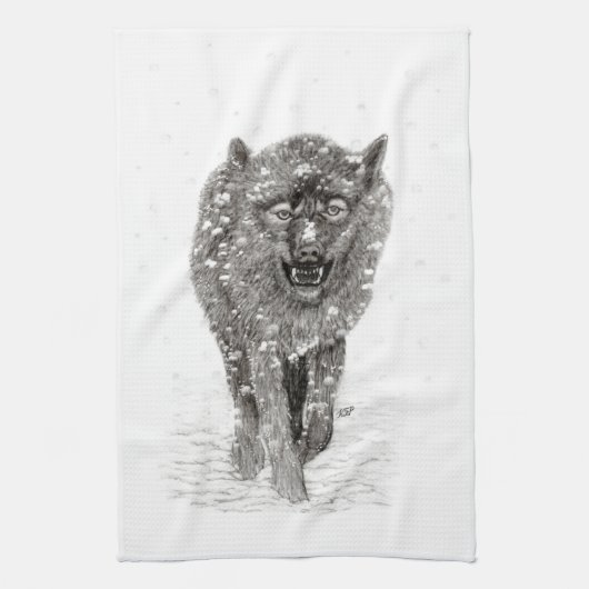 Der graue Schwarze Wolf im Schnee , der wilde Wint Geschirrtuch (Vertikal)