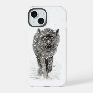 Der graue Schwarze Wolf im Schnee , der wilde Wint iPhone 15 Hülle