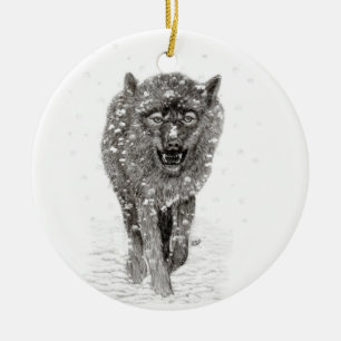 Der graue Schwarze Wolf im Schnee , der wilde Wint Keramik Ornament