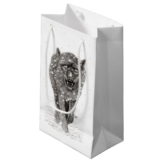 Der graue Schwarze Wolf im Schnee , der wilde Wint Kleine Geschenktüte (Vorderseite Schrägansicht)