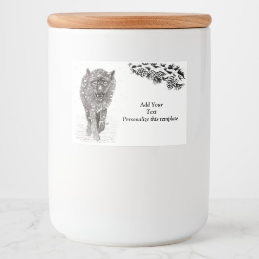 Der graue Schwarze Wolf im Schnee , der wilde Wint Lebensmitteletikett (Vorderseite)