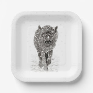 Der graue Schwarze Wolf im Schnee , der wilde Wint Pappteller