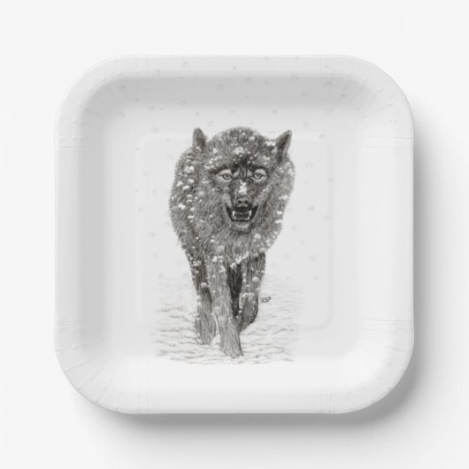 Der graue Schwarze Wolf im Schnee , der wilde Wint Pappteller (Vorderseite)