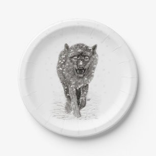 Der graue Schwarze Wolf im Schnee , der wilde Wint Pappteller