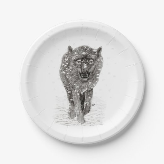 Der graue Schwarze Wolf im Schnee , der wilde Wint Pappteller (Vorderseite)