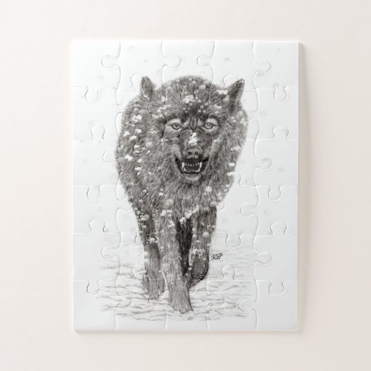 Der graue Schwarze Wolf im Schnee , der wilde Wint Puzzle (Vertikal)