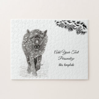 Der graue Schwarze Wolf im Schnee , der wilde Wint Puzzle