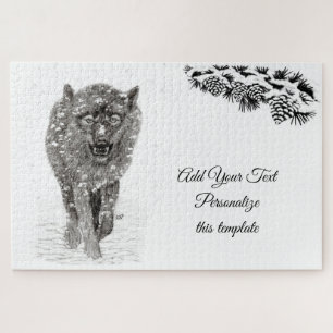 Der graue Schwarze Wolf im Schnee , der wilde Wint Puzzle