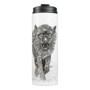 Der graue Schwarze Wolf im Schnee , der wilde Wint Thermosbecher