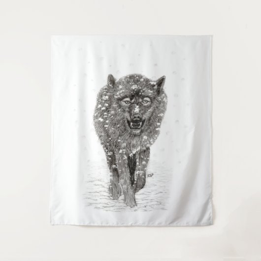Der graue Schwarze Wolf im Schnee , der wilde Wint Wandteppich (Vorderseite)