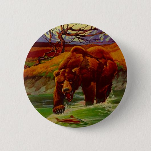 Der Grizzlybär, der wild lebende Tiere fischt, Button (Vorderseite)