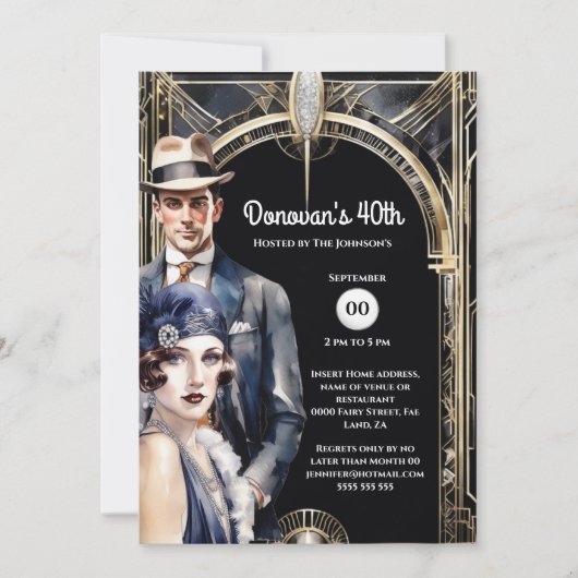 Der Große Gatsby Gold schwarze Flapper Mann in den Einladung (Vorderseite)
