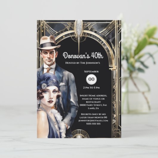 Der Große Gatsby Gold schwarze Flapper Mann in den Einladung (Stehend Vorderseite)