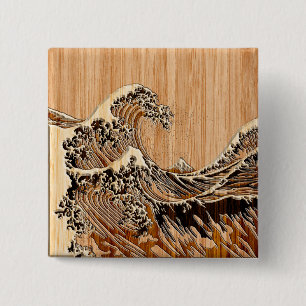 Der Große Hokusai Wave Bamboo Holz Grain Style Button
