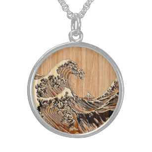 Der Große Hokusai Wave Bamboo Holz Grain Style Sterling Silberkette